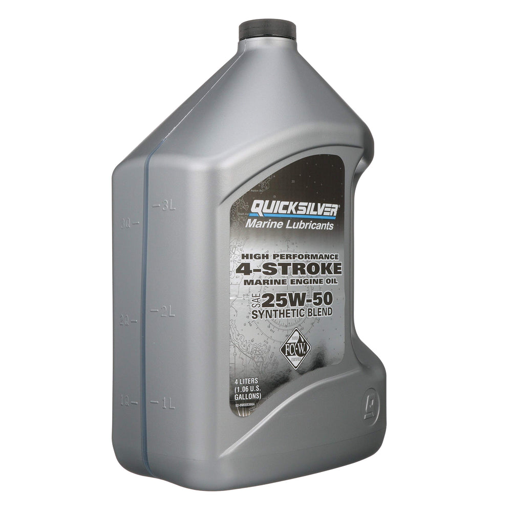 Quicksilver next to measuring cup illustrating gallon size and easy dosing
