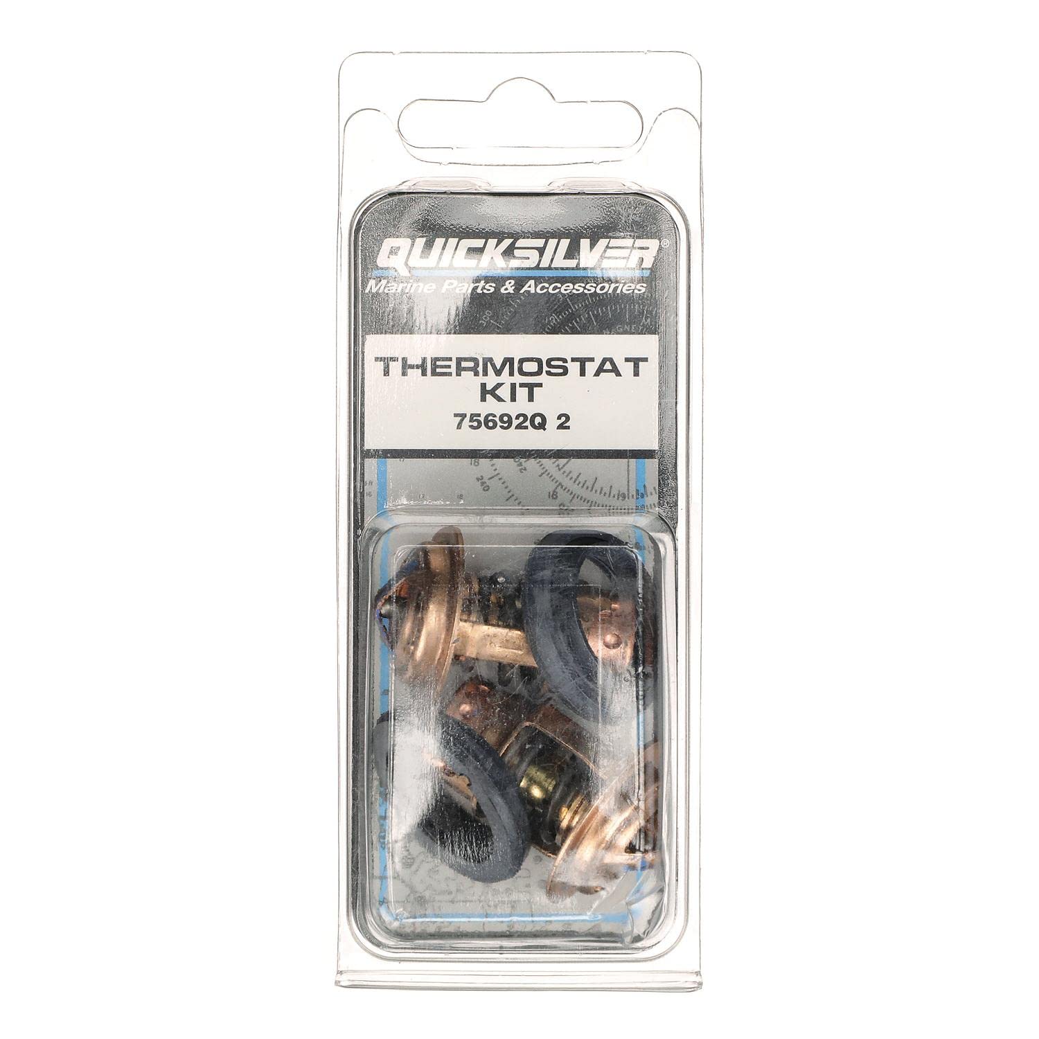 Quicksilver two-thermostat kit laid out to show included gaskets and parts