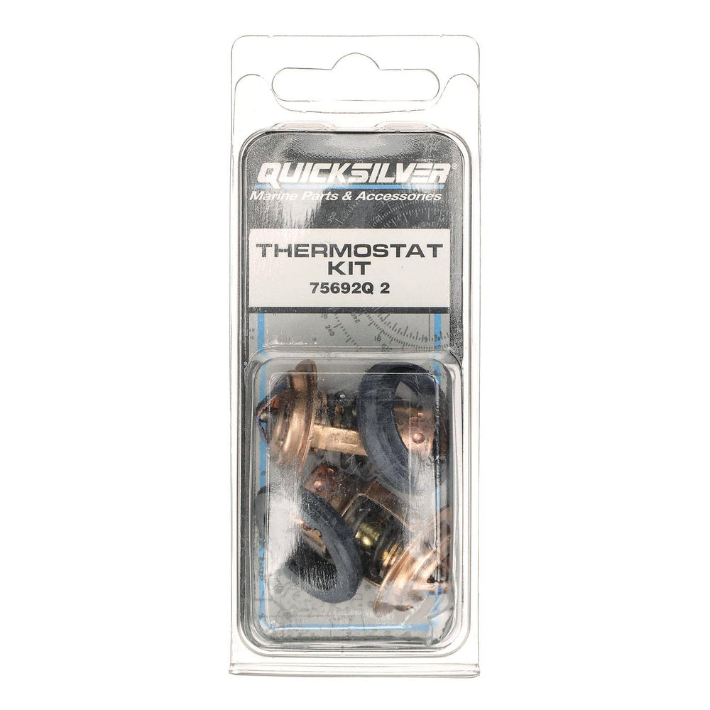 Quicksilver two-thermostat kit laid out to show included gaskets and parts