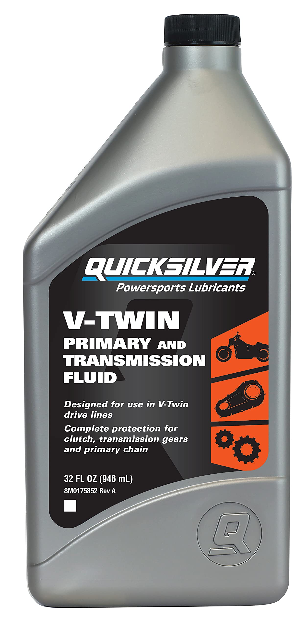 Quicksilver 8M0175742 front label showing product name and 1-quart bottle, clear benefits