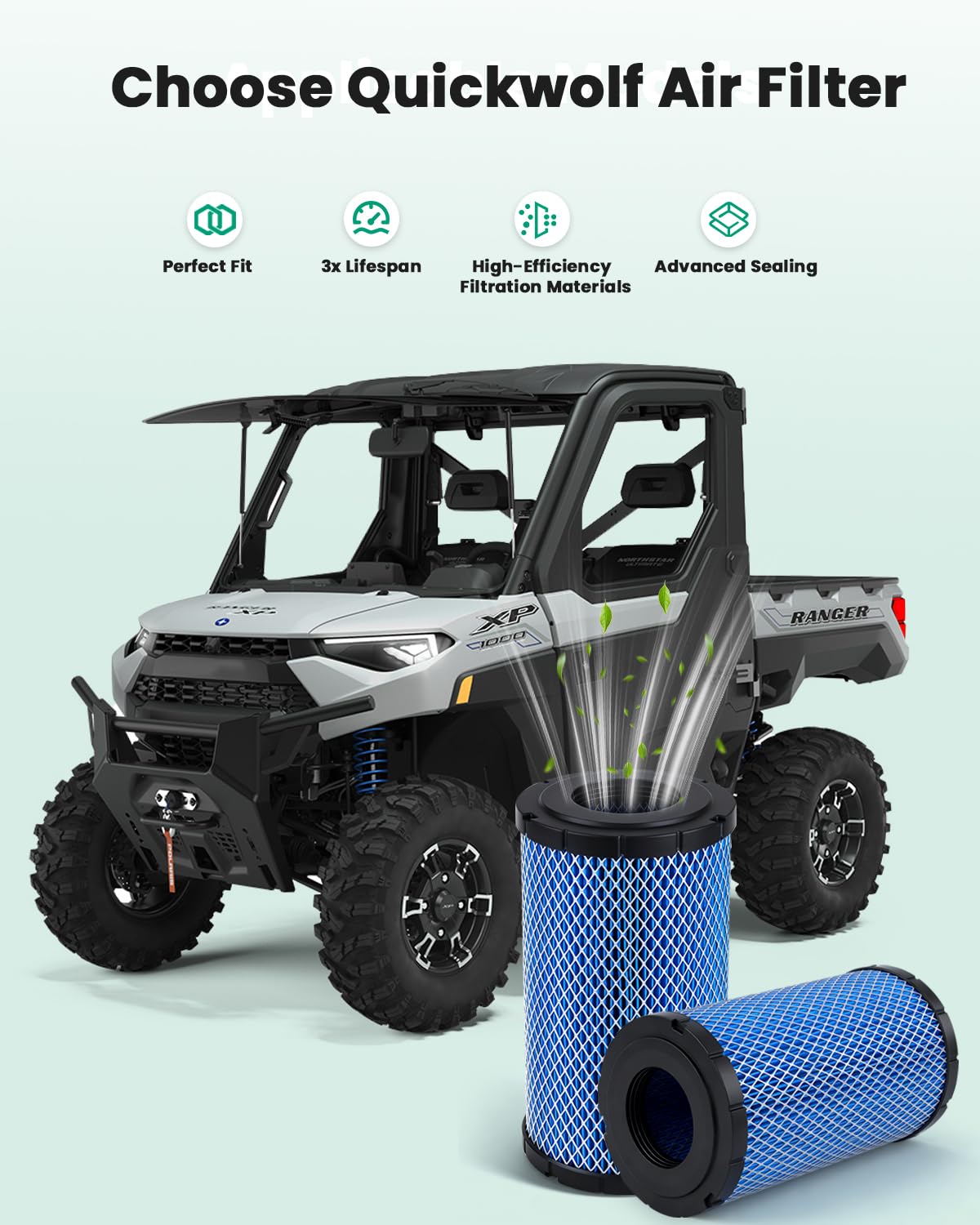 QUICKWOLF filter in off-road Polaris setting illustrating durability and protection