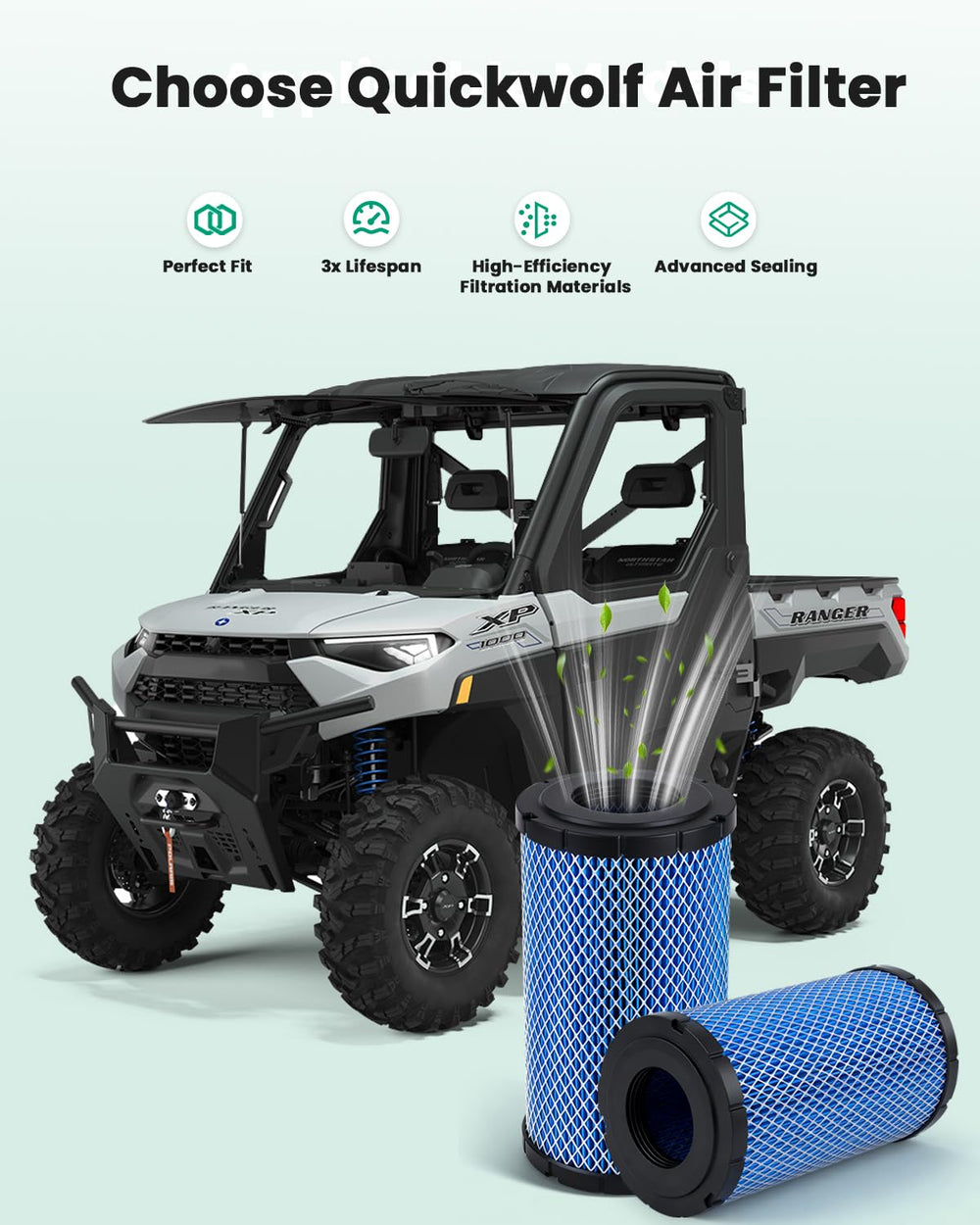 QUICKWOLF filter in off-road Polaris setting illustrating durability and protection