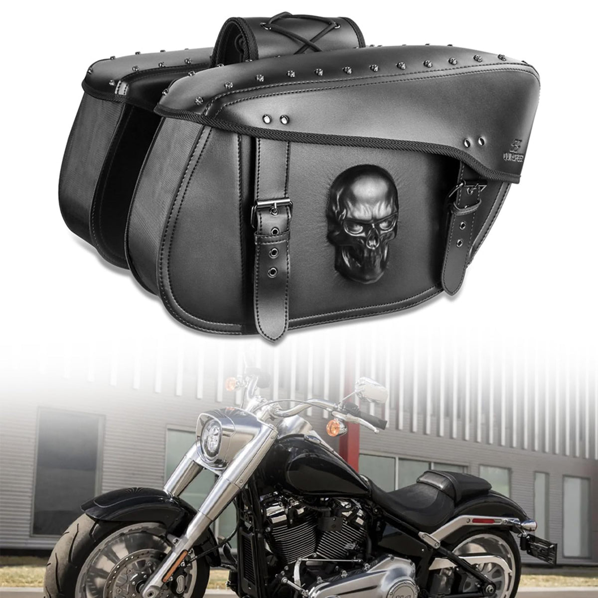 Quixofiber front view 3D skull saddlebag showing bold design and secure closure