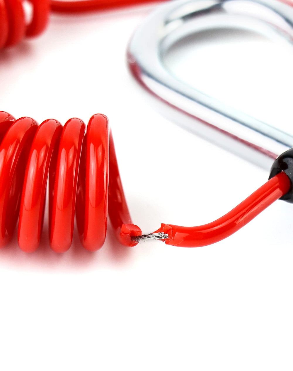 QWORK close-up of coiled PU jacket demonstrating flexible spring action for reduced drag