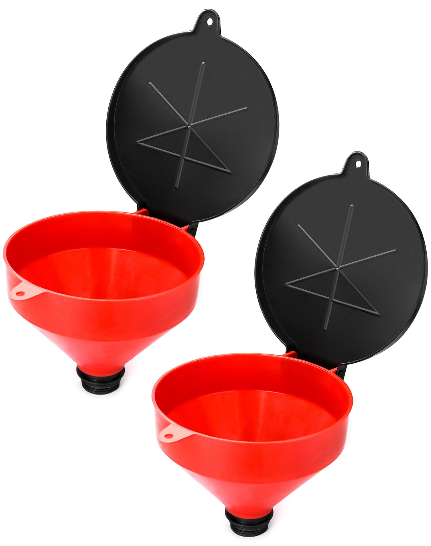 QWORK front view of two-pack funnels showing packaging and included lids for tidy storage