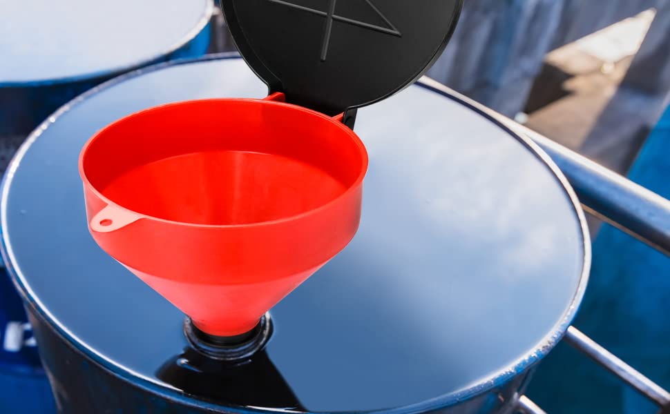 QWORK funnel staged in a workshop to illustrate tidy, efficient liquid transfer