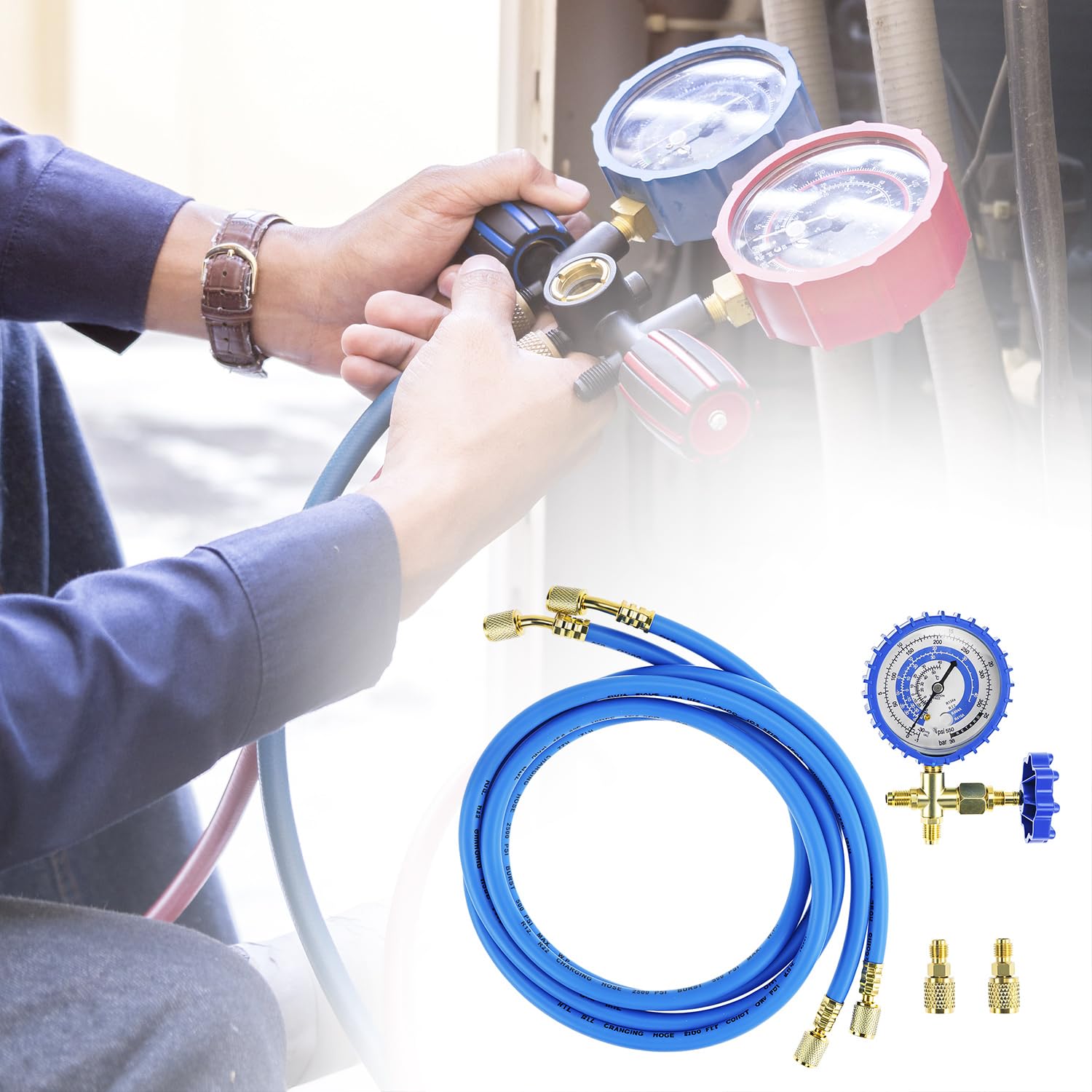 QWORK technician using kit at outdoor condenser for faster charging benefit