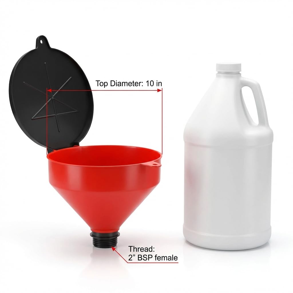 QWORK lockable lid closed on funnel showing spill prevention and dust protection