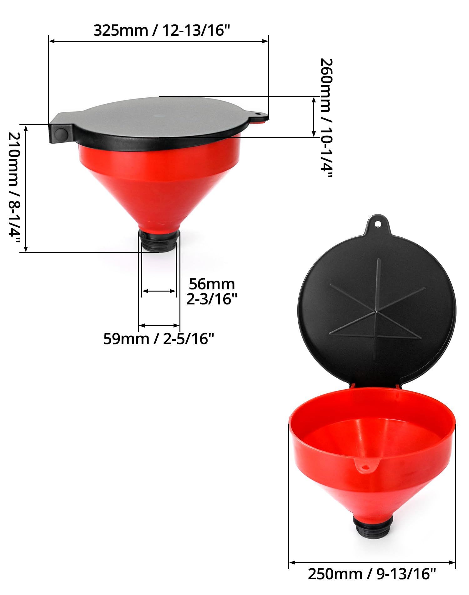 QWORK funnel beside a ruler for scale, showing compact, easy-to-handle size