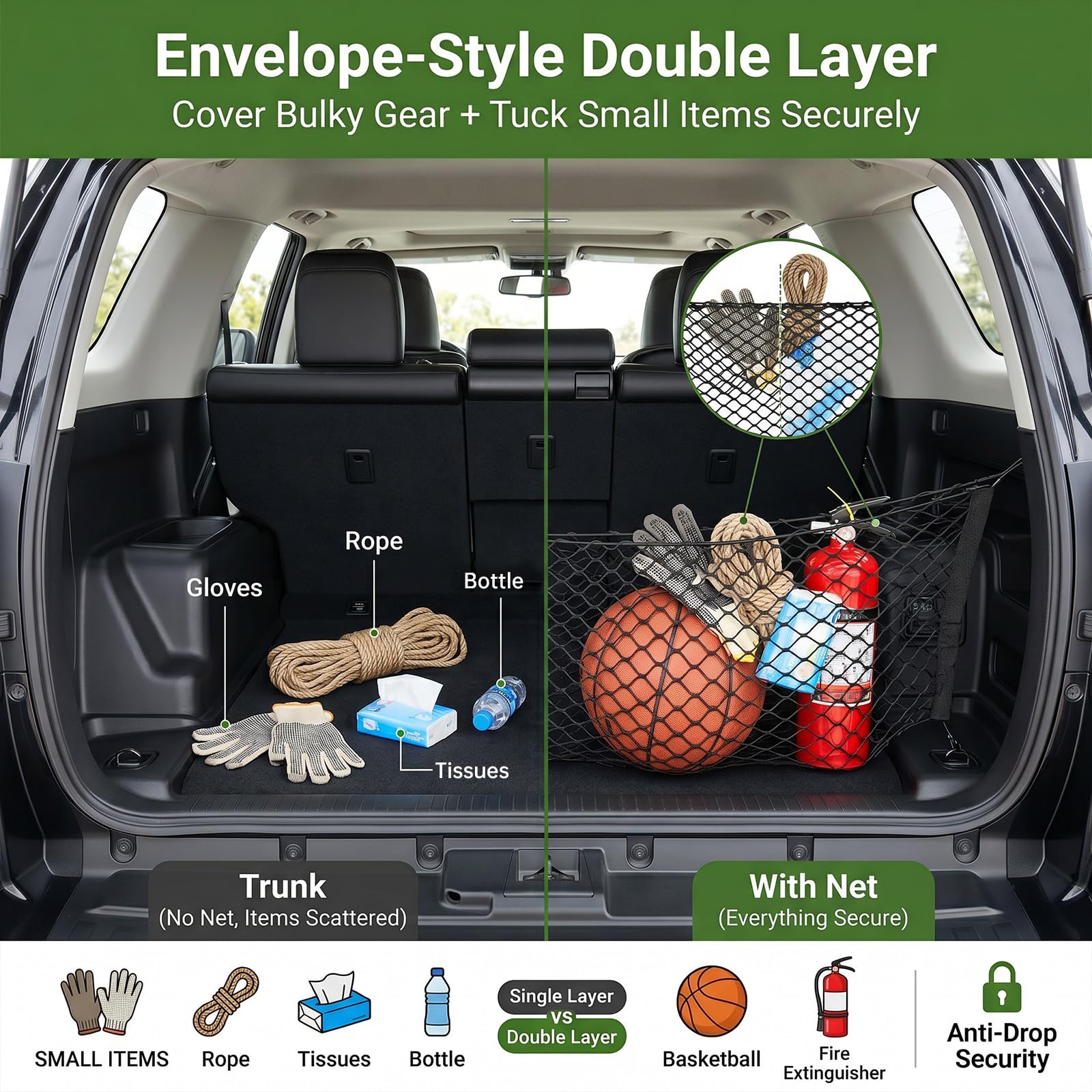 Qyebbk cargo net installed in 4Runner rear showing stable containment benefit