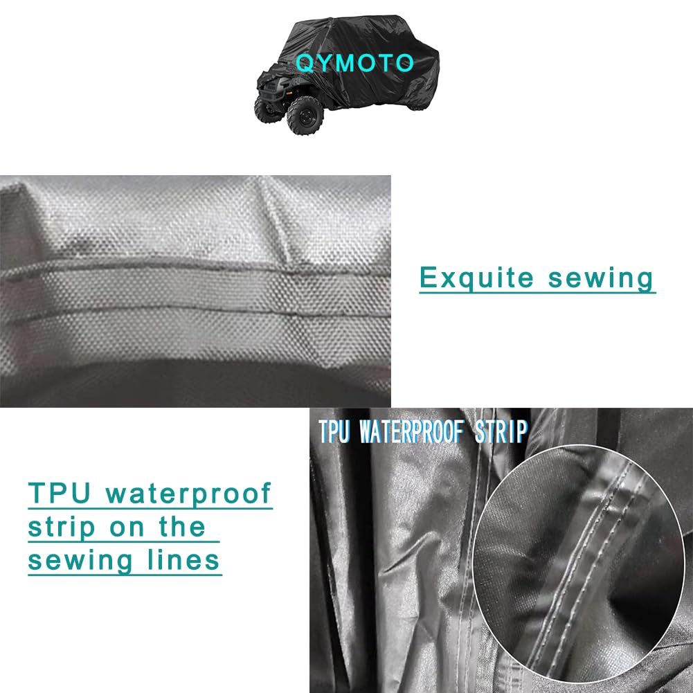 QYMOTO label and double stitching close-up showing reinforced seams