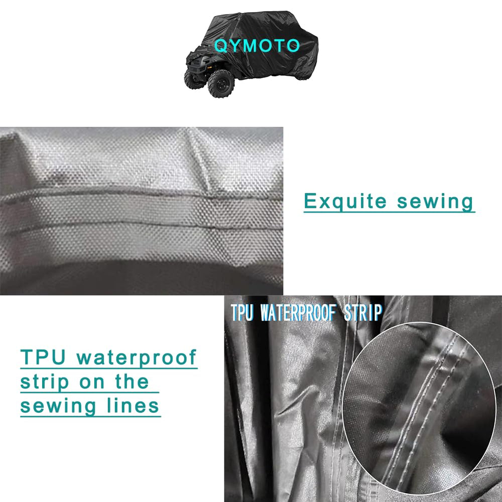 QYMOTO label and double stitching close-up showing reinforced seams
