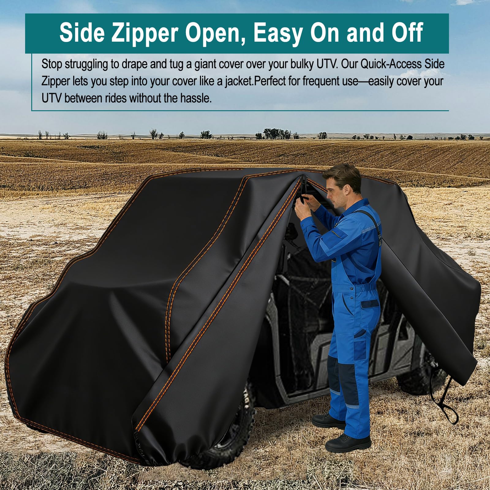 QYMOTO cover beside a person for scale to show fit on crew UTVs