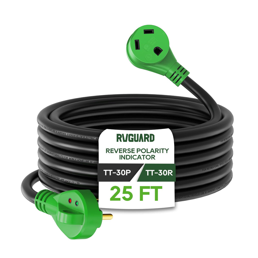 RVGUARD front connector showing NEMA TT-30P plug and secure contact for safe hookup