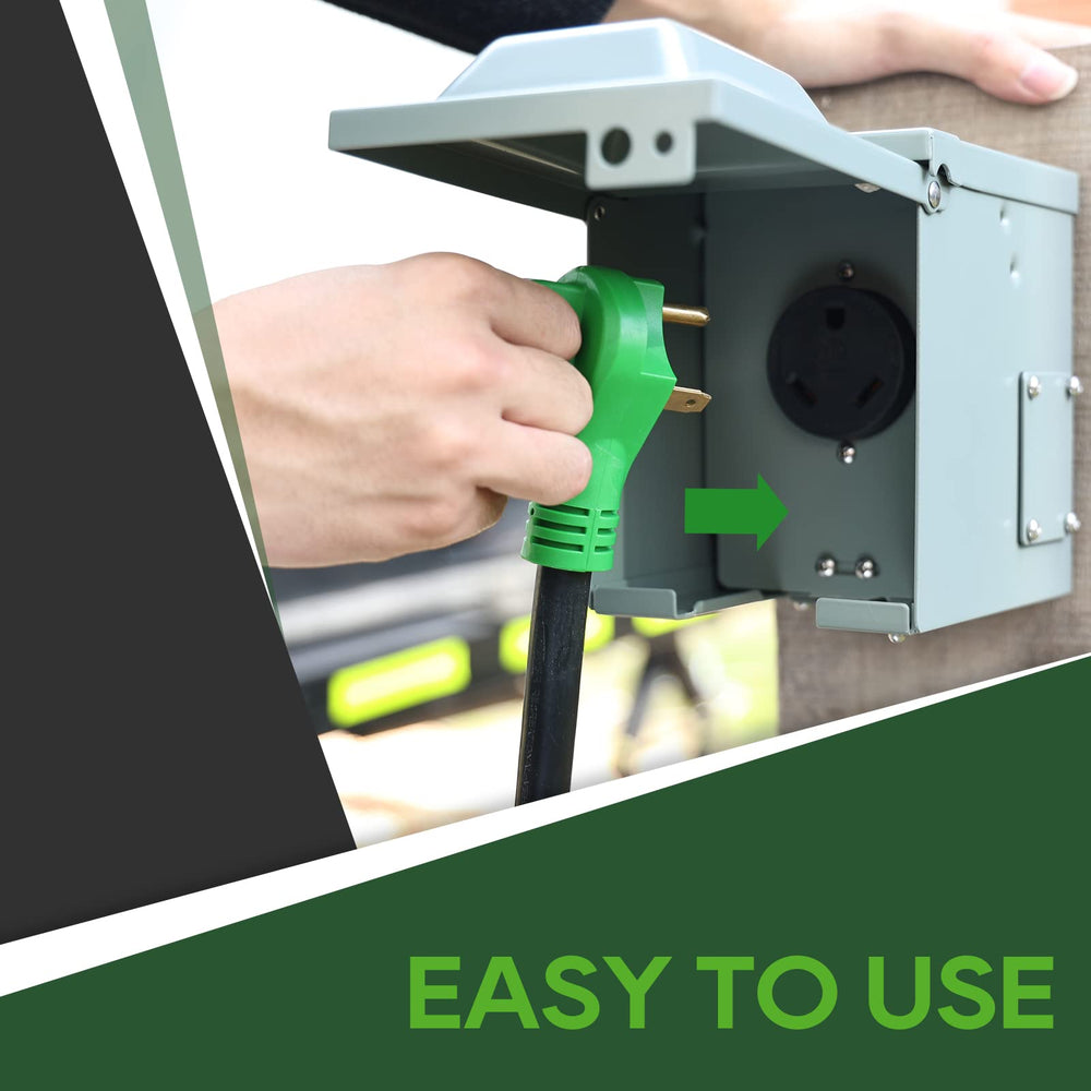 RVGUARD extension cord connected to RV at campground demonstrating ease of use
