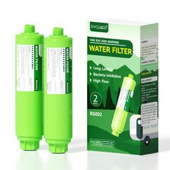RVGUARD front view of inline filter showing compact housing and connection points, easy install benefit