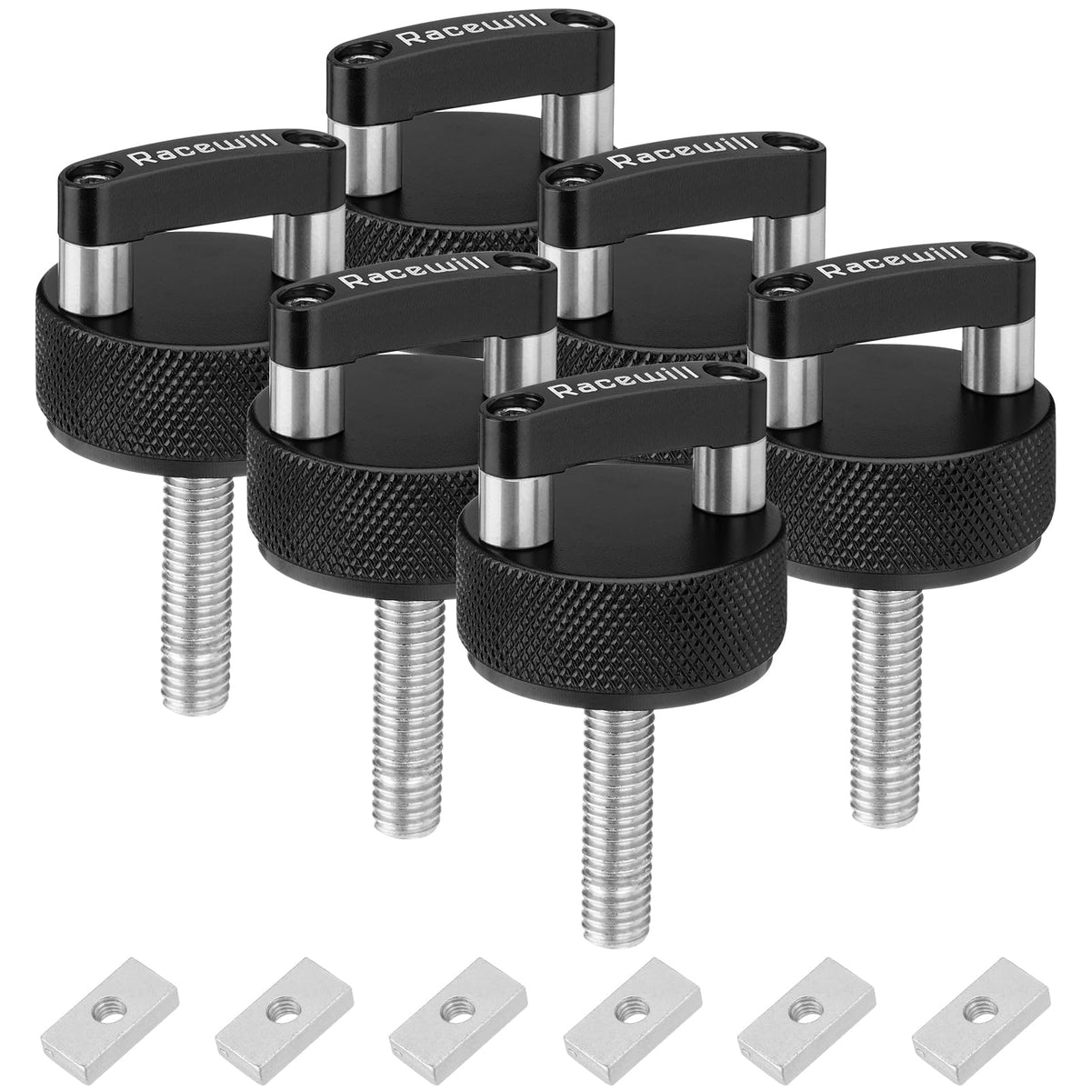 Racewill front packaging showing six thumb screws and nut plates for quick top removal benefit