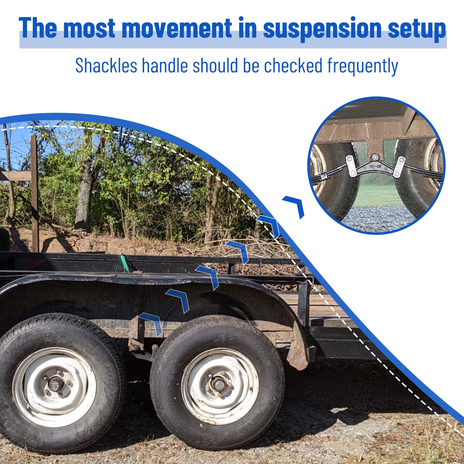 Racewill shackle kit installed on a trailer axle demonstrating safe suspension fitment
