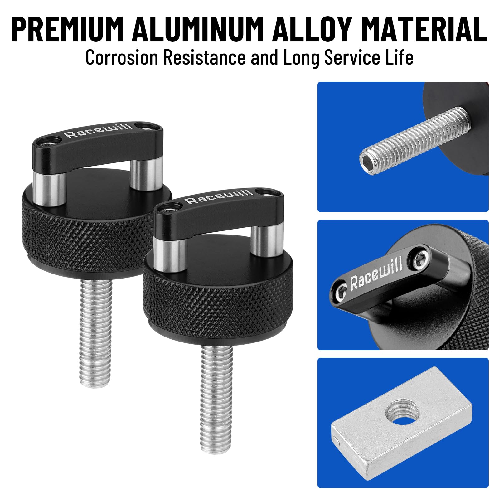 Racewill close-up of knurled thumb screw head for fast hand-grip operation benefit