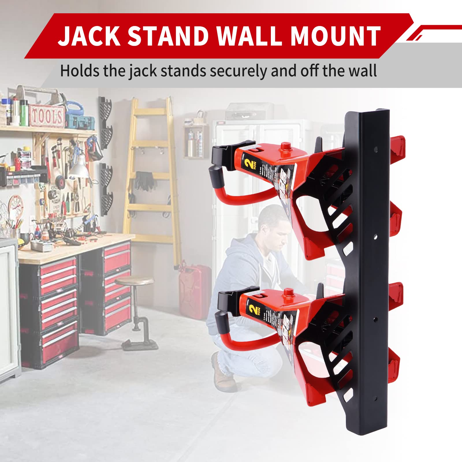 Racewill side profile holding a jack stand demonstrating secure, space saving storage