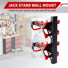 Racewill side profile holding a jack stand demonstrating secure, space saving storage
