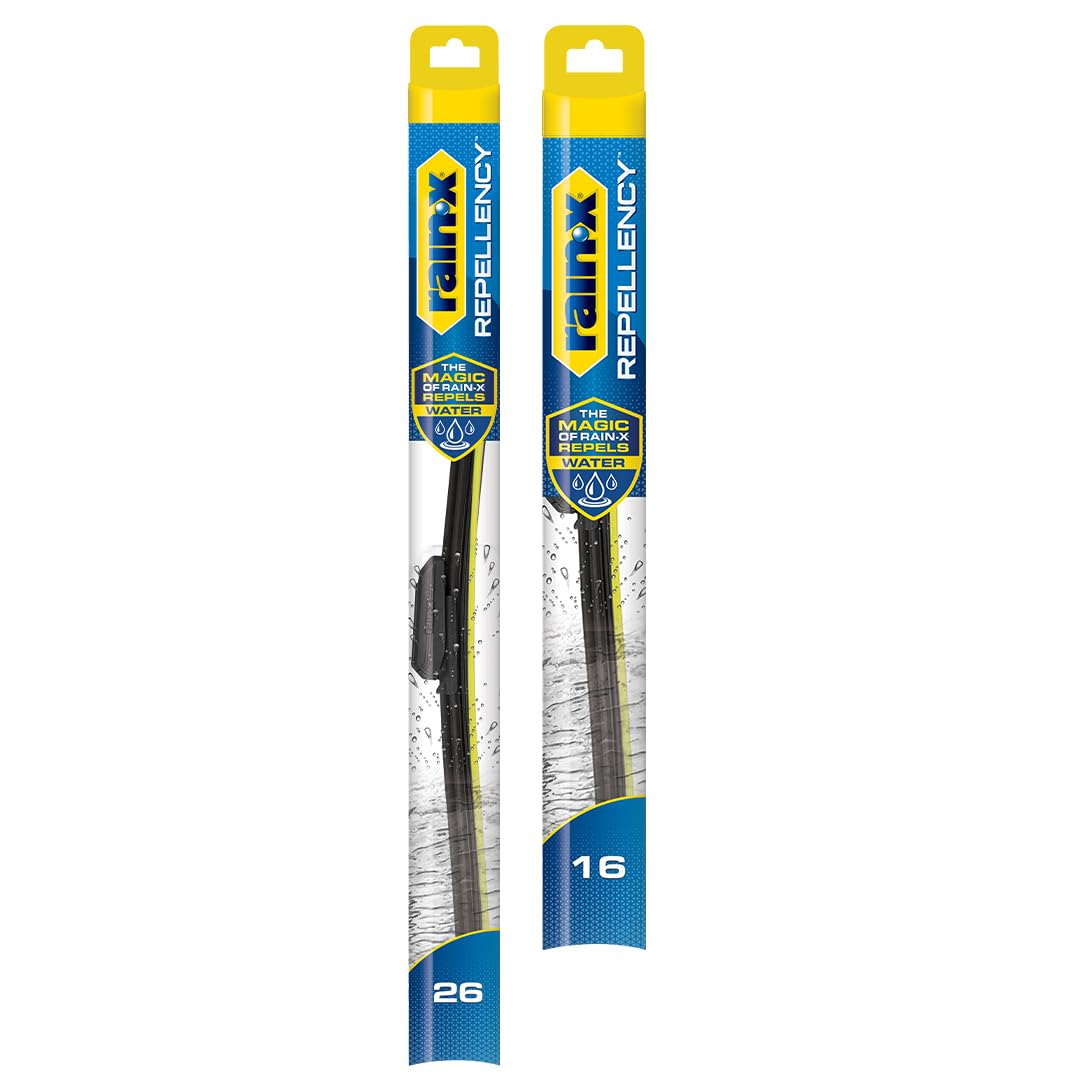 Rain‑X front packaging showing 26" and 16" blades and Amazon Exclusive labeling, clear product info