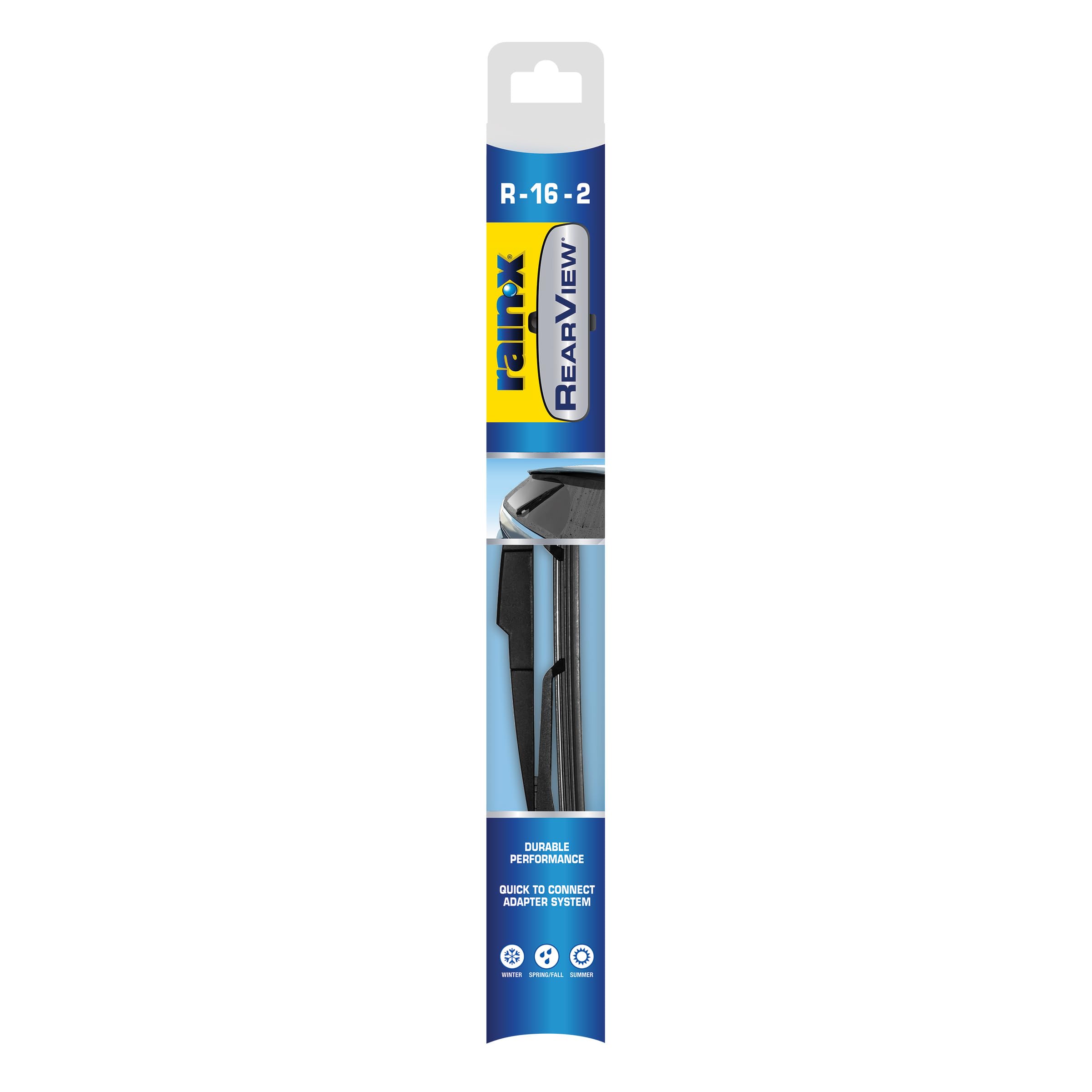 Rain-X front packaging showing the RearView blade and quick-fit benefit
