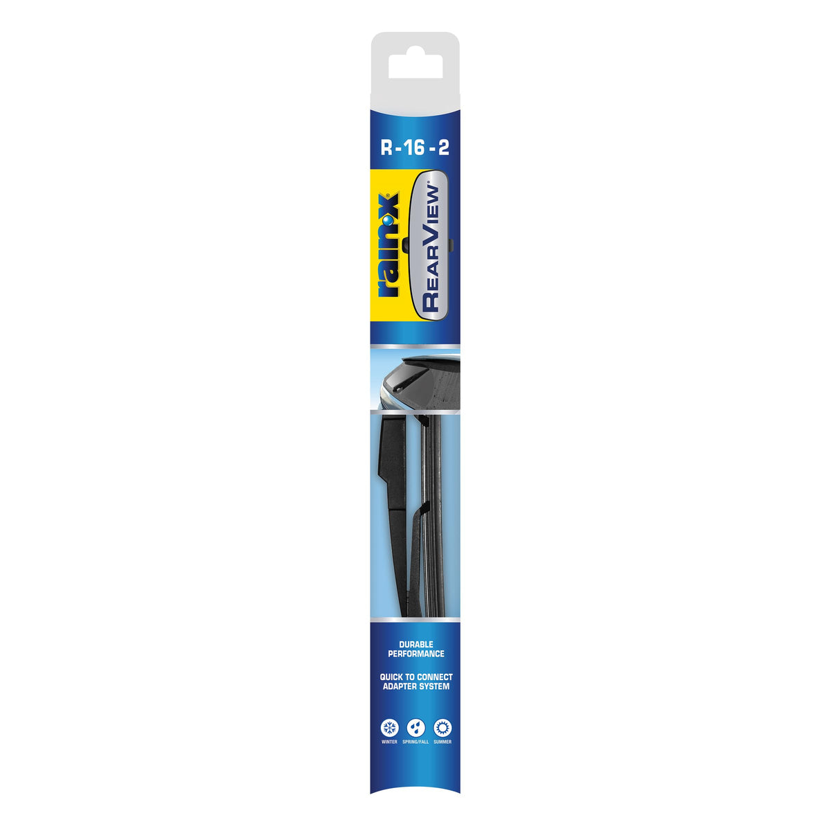 Rain-X front packaging showing the RearView blade and quick-fit benefit