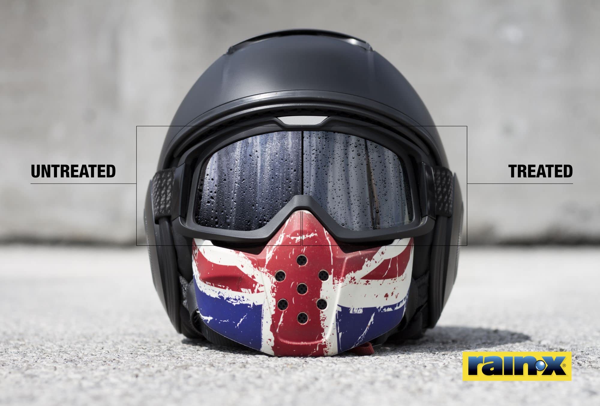 Rain‑X spray can beside safety goggles to show scale and practical application