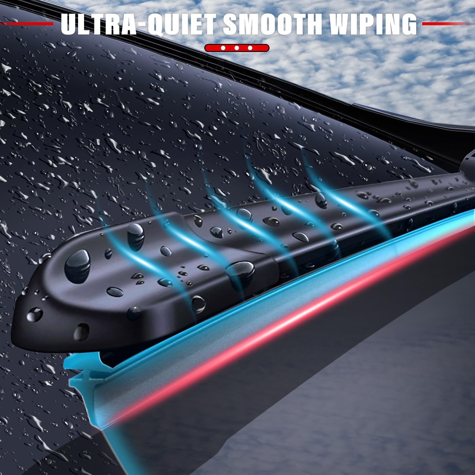 Raintok box contents layout showing both front and rear blades and clear sizing labels