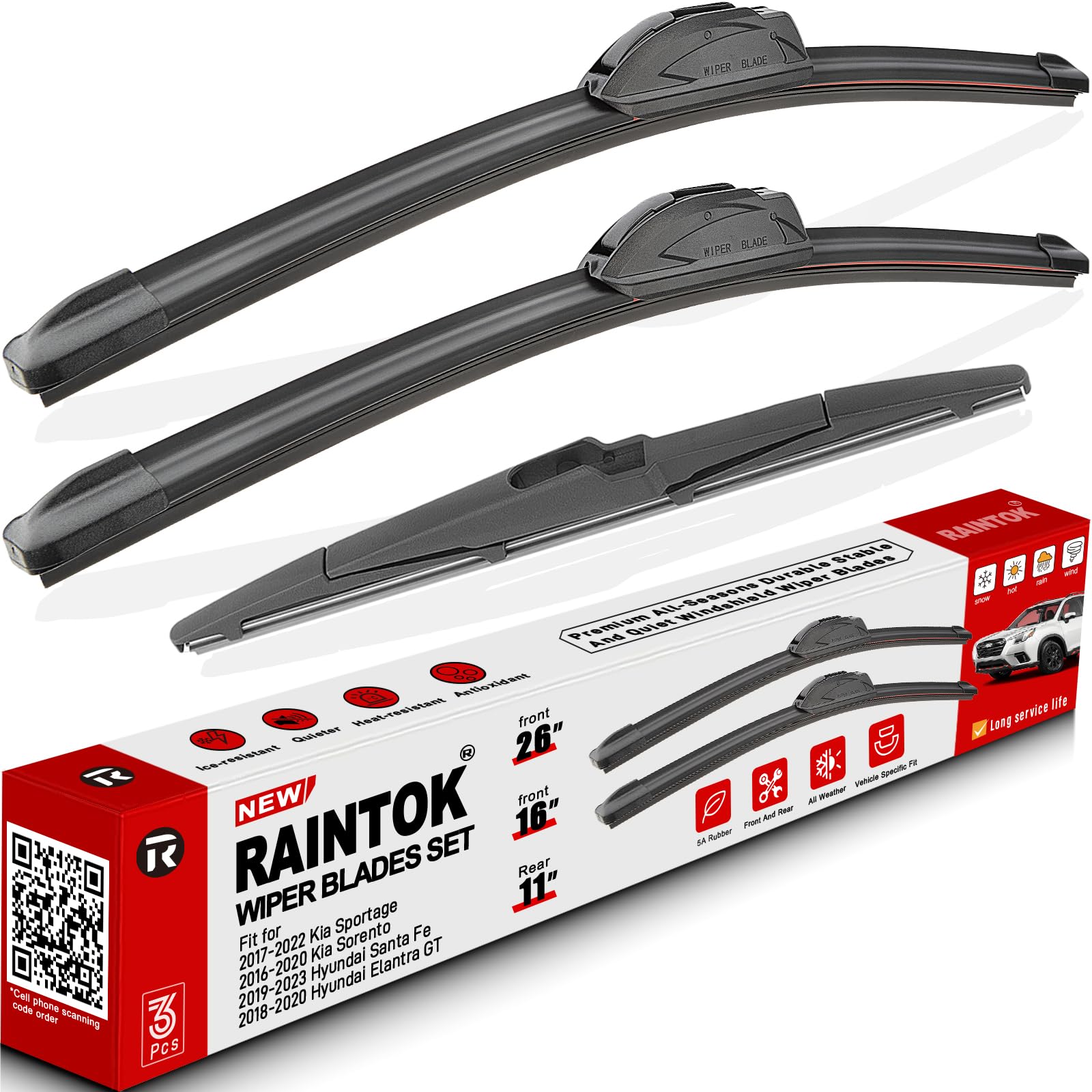 RAINTOK front packaging showing 26" 16" 11" set and compatibility details for clear shopping