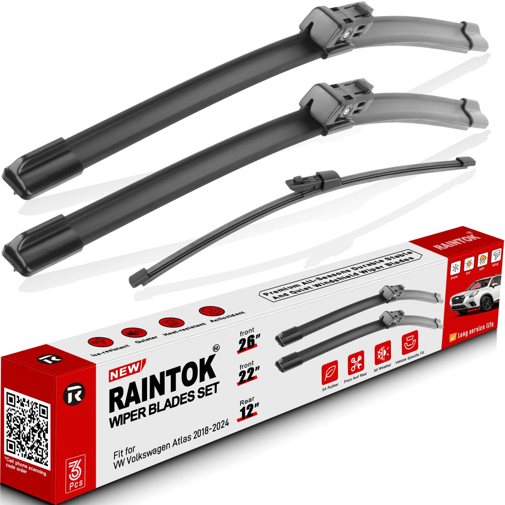 Raintok front packaging for VW Atlas wipers shows kit and sizes, quick identification benefit