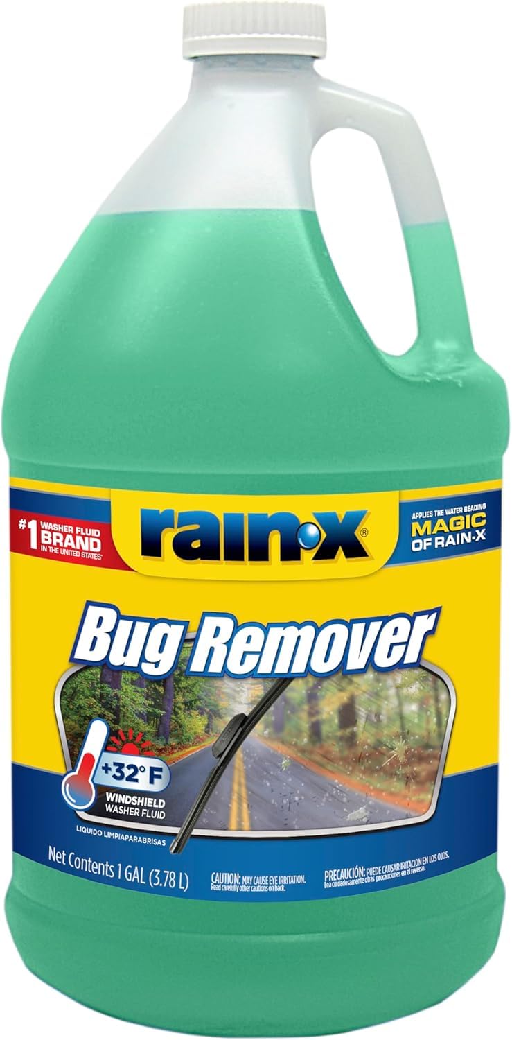 rain‑x bottle spraying cleaner onto bug‑splattered surface for quick lift