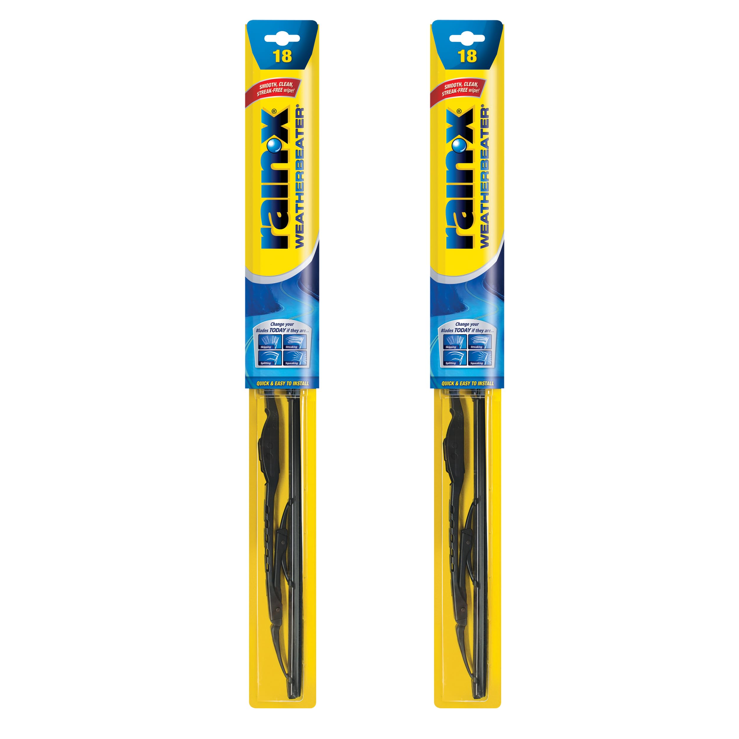 Rain‑X WeatherBeater front packaging showing two 18-inch blades and adapter, reliable replacement