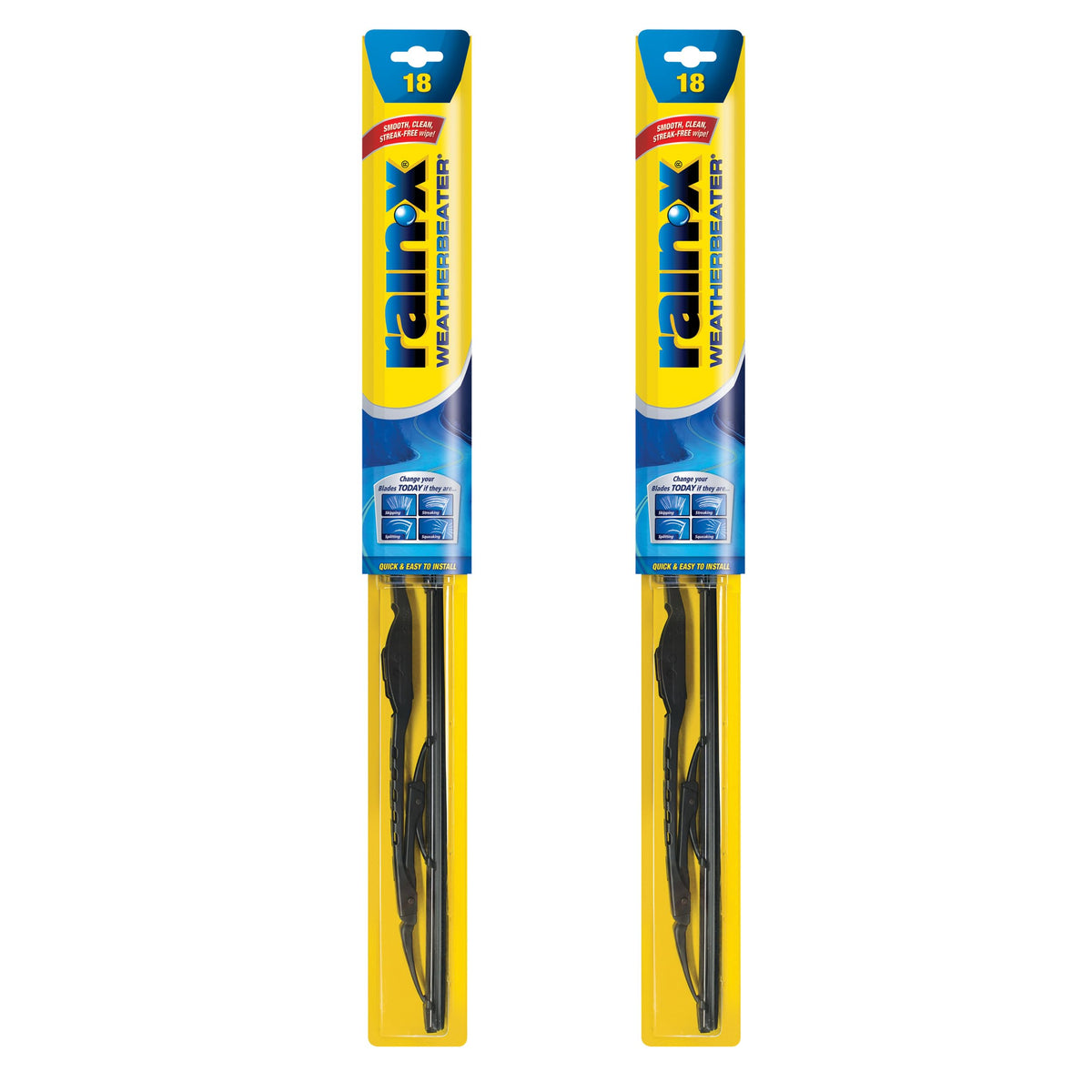 Rain‑X WeatherBeater front packaging showing two 18-inch blades and adapter, reliable replacement