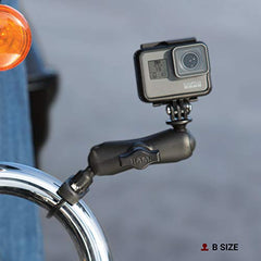 RAM MOUNTS mounted on motorcycle rail showing stable, out-of-the-way positioning