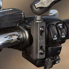 RAM MOUNTS reservoir base installed on motorcycle handlebar showing secure accessory positioning