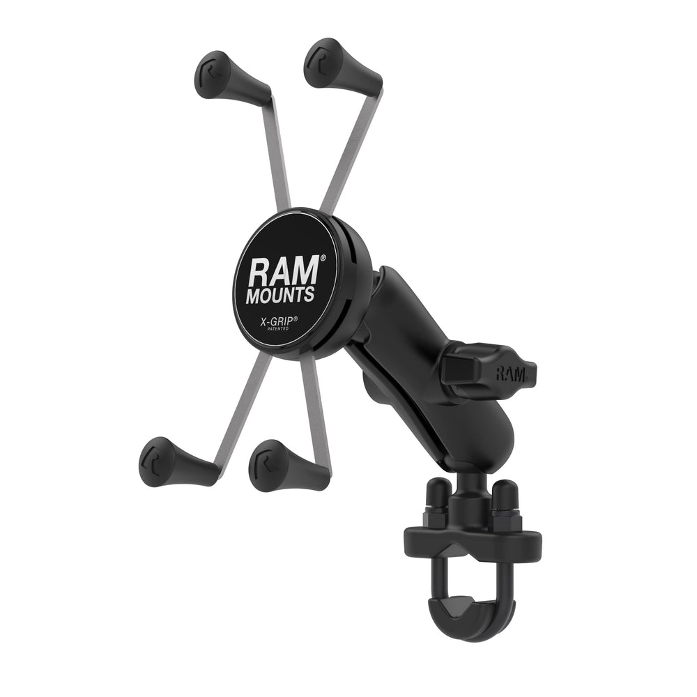 RAM MOUNTS U-bolt base clamped on handlebar providing stable rail attachment