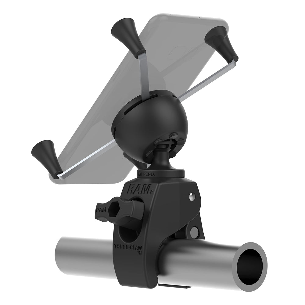 RAM MOUNTS X-Grip holding a large phone in the open-corner cradle for easy access