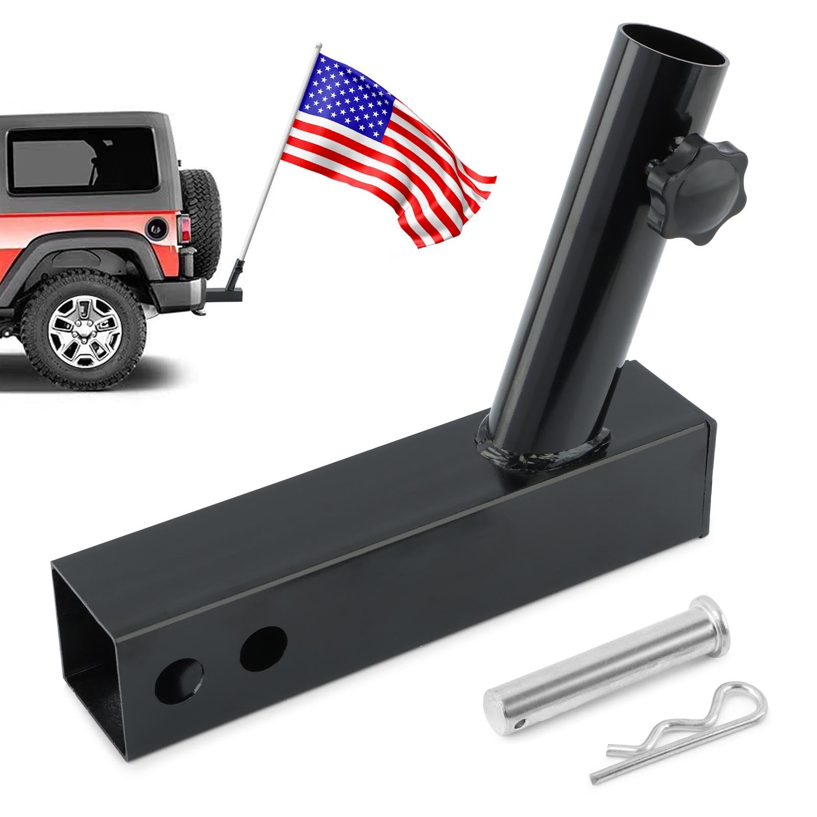 Ranjaner front view of hitch flag holder showing sturdy mounting benefit