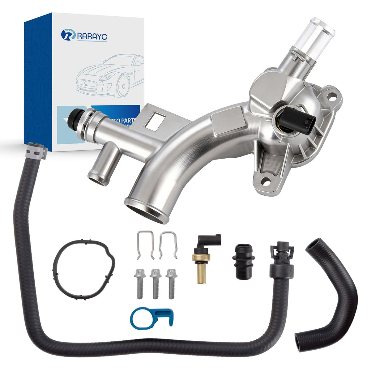 RARAYC aluminum coolant outlet housing front view shows durable upgrade benefit