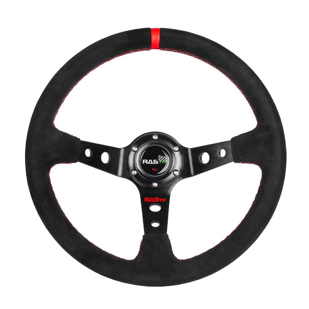 RASTP red suede steering wheel front view showing sporty look and improved grip