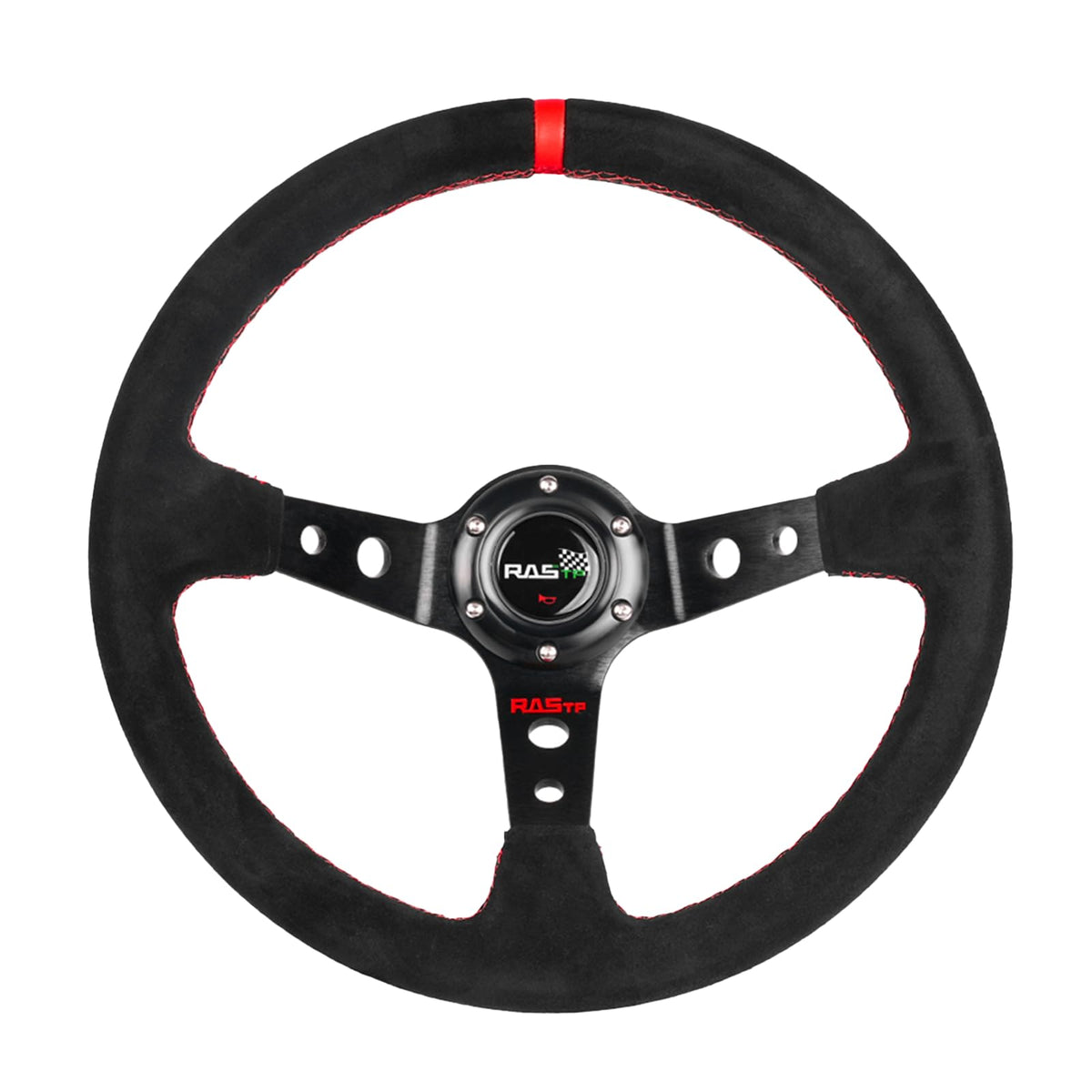 RASTP red suede steering wheel front view showing sporty look and improved grip