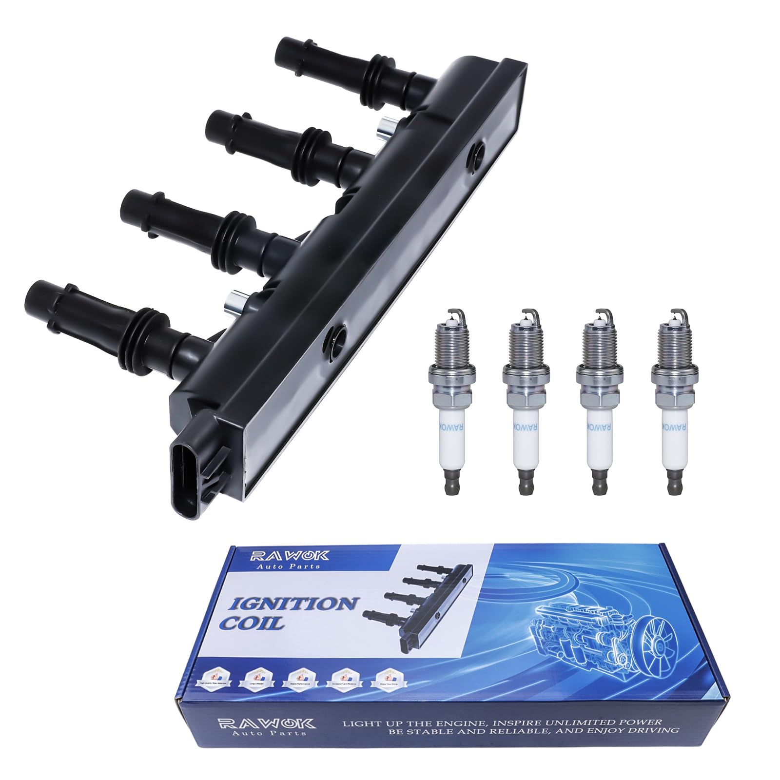 RAWOK front packaging showing coil and four plugs, clear kit identification and fit