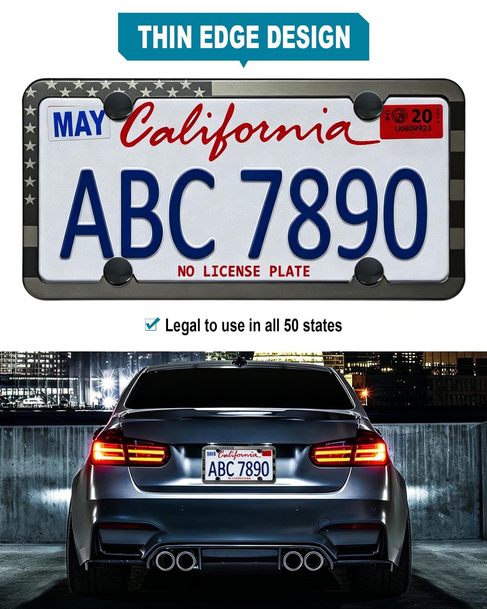 RCKJNJ mounted on sedan front plate illustrating secure, street-legal fit