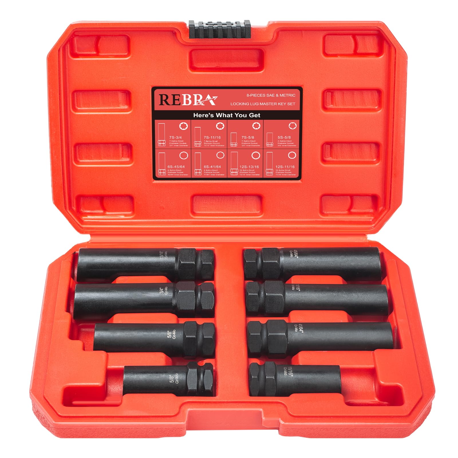 REBRA front view of full 8-piece spline key set showing organized keys and case benefits