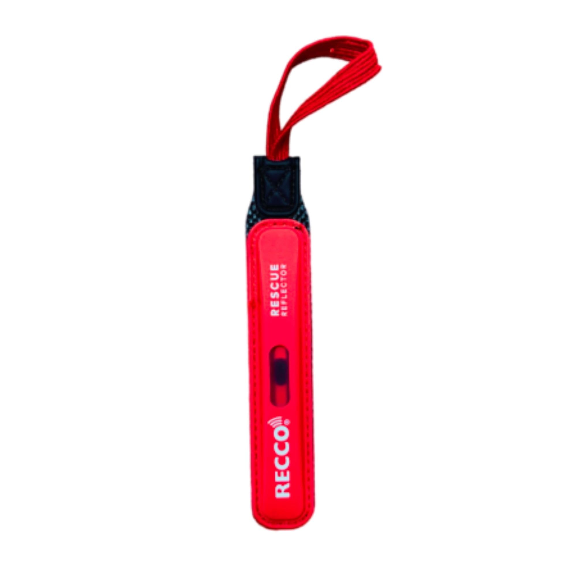 RECCO reflector front view showing compact design and red finish for quick visibility