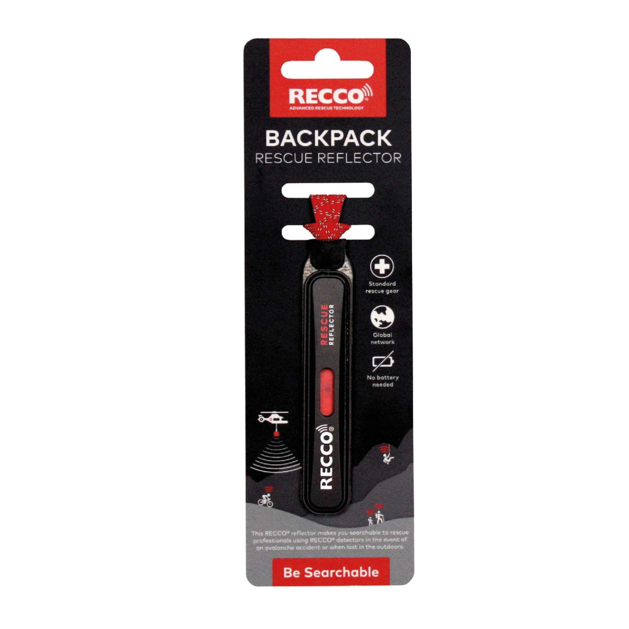 RECCO reflector attached to backpack strap demonstrating easy mount and rescue benefit