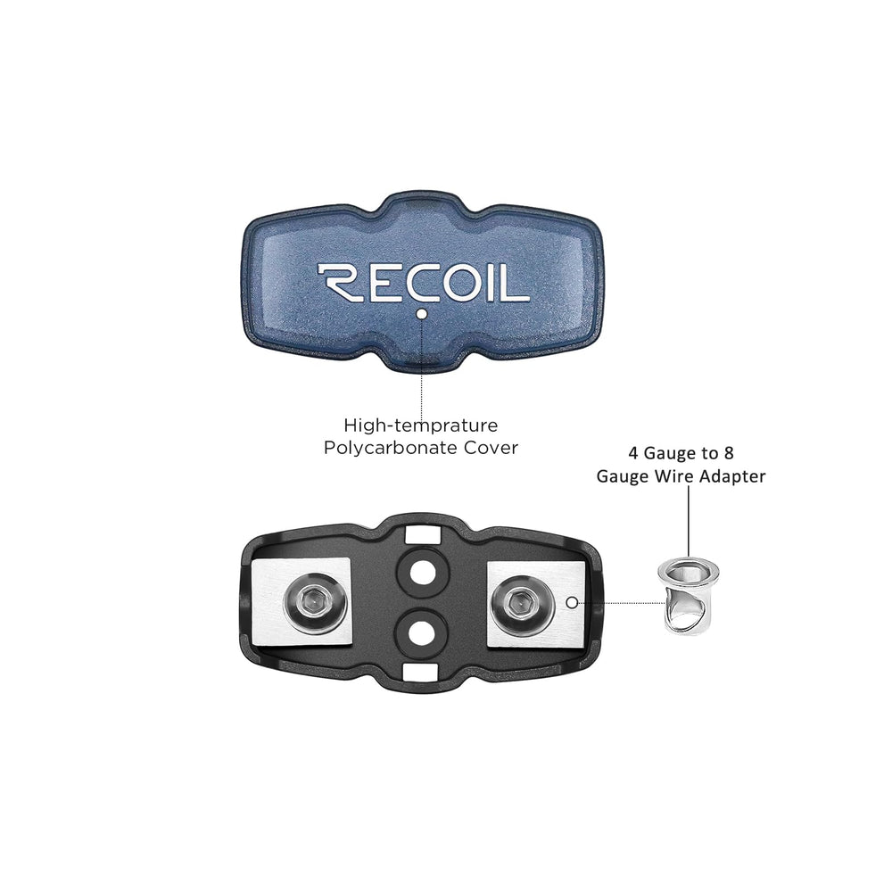 RECOIL SFH11-5 wire reducers pictured with 4 and 8 gauge cables for flexible wiring options