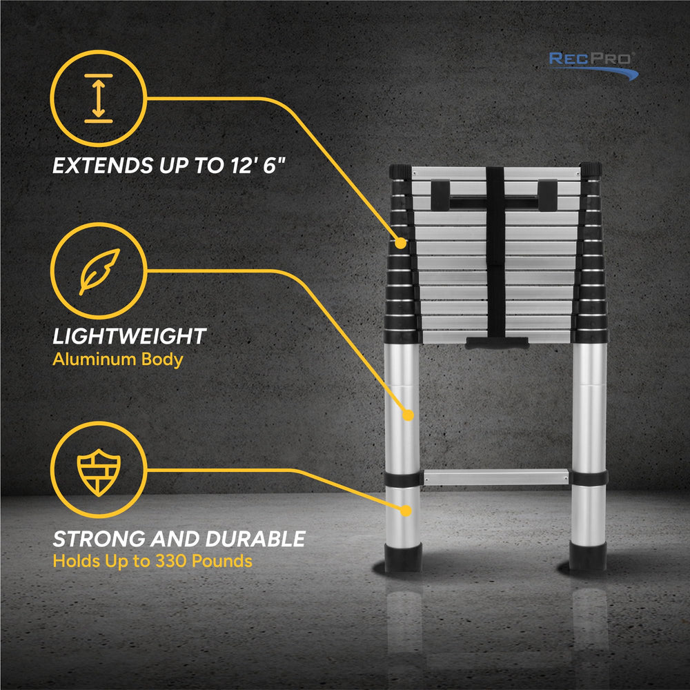 RecPro collapsed ladder beside ruler showing compact storage benefit